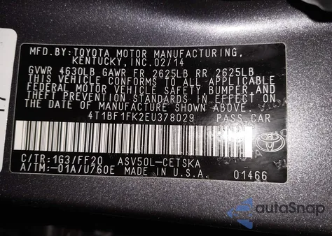 2014 Toyota Camry Se из США, поврежденный, VIN 4T1BF1FK2EU378029